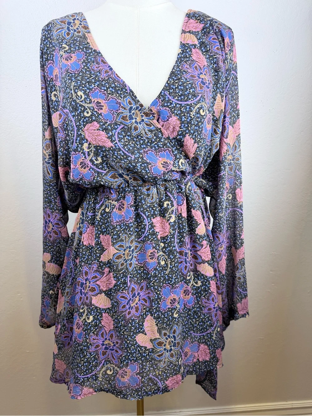 Free People Navy Floral Print Tunic with Lavender & Blush Accents